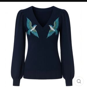 OXKnit Women's Navy V-Neck Sweater Blue Bird Embroidery  (US 16)